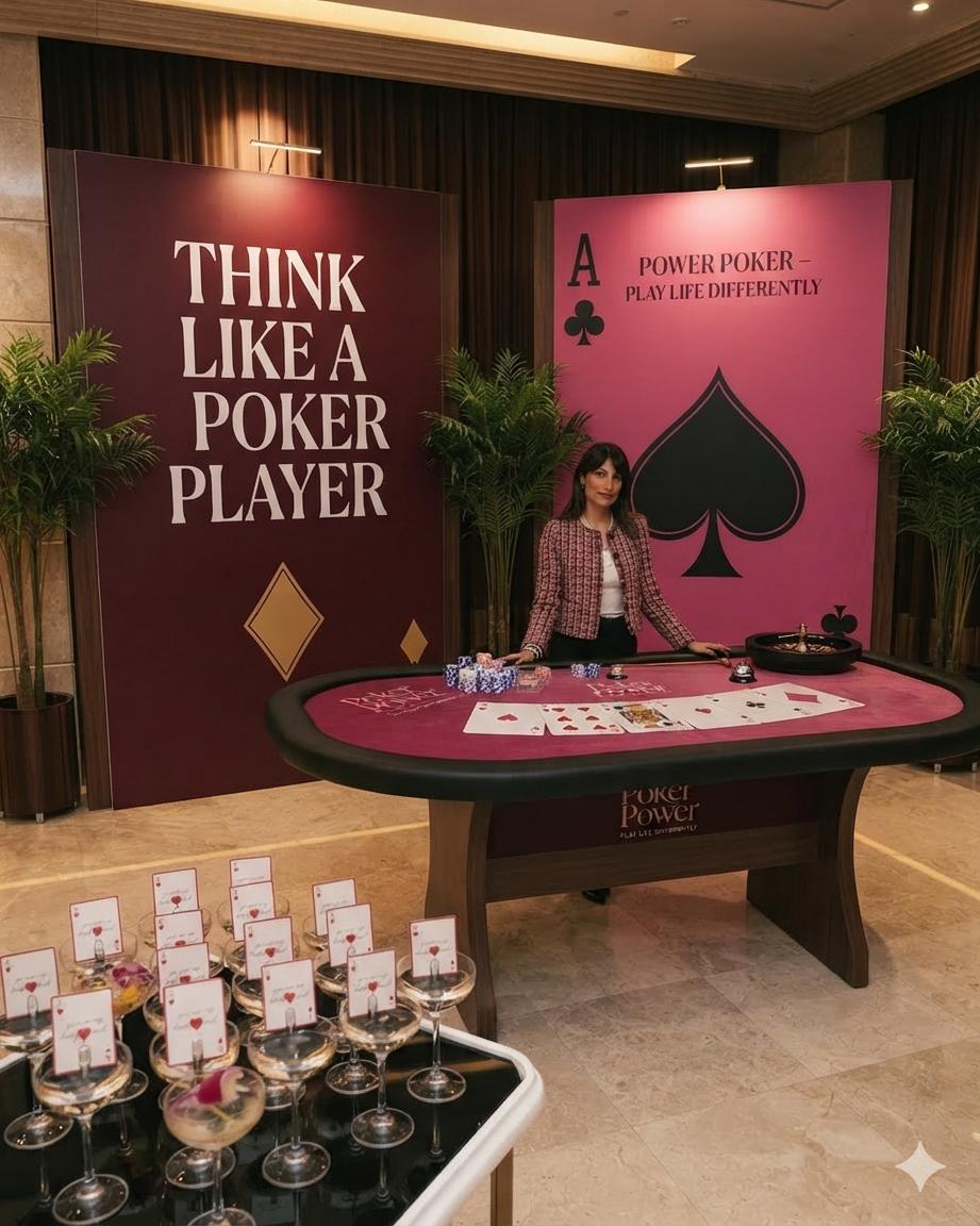 Concept render of a branded poker table and backdrop