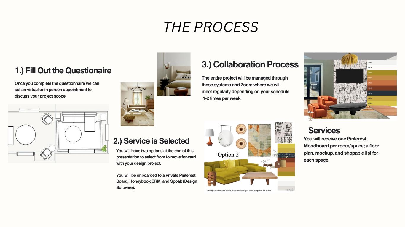 Process page: questionnaire, service selection, collaboration and deliverables